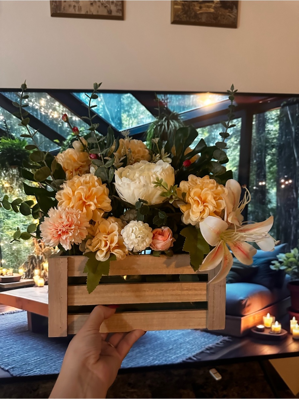 Rustic Wooden Crate Artificial Flower Arrangement in Peach and Cream